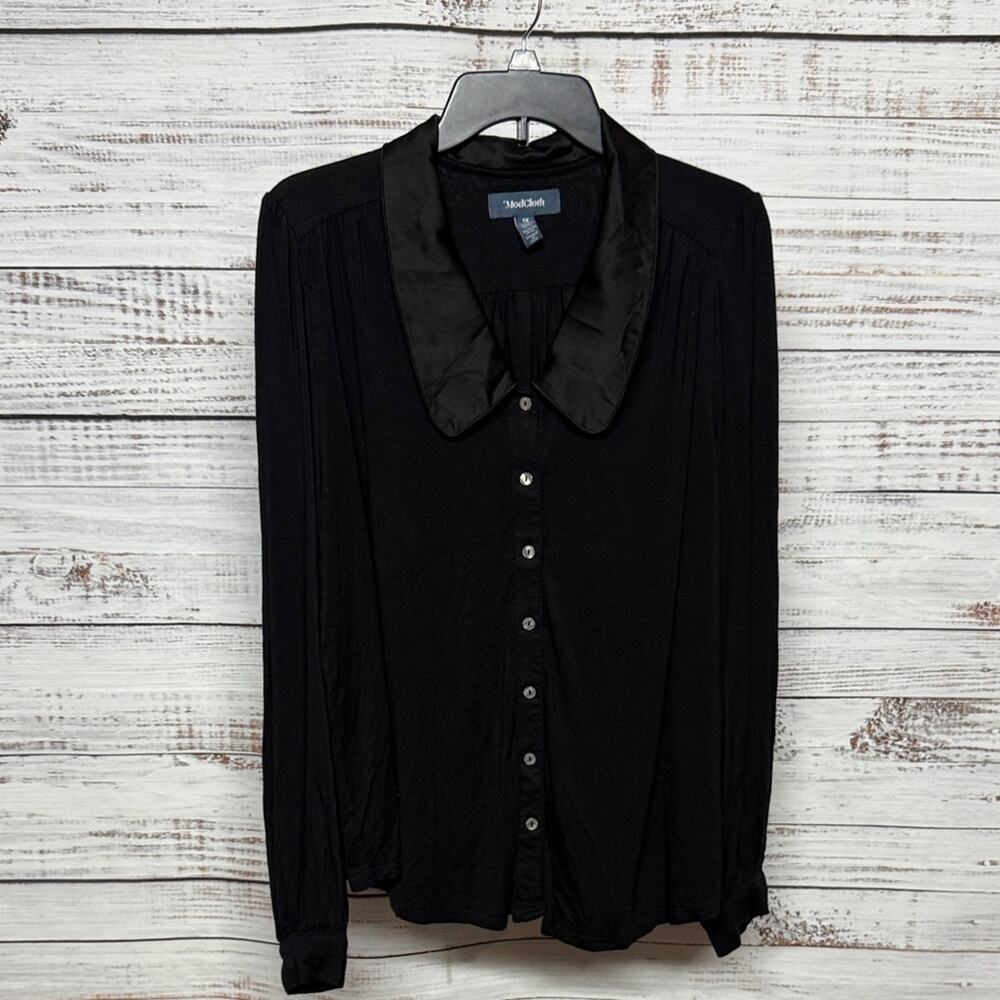 Modcloth Black Satin Collar Button-Down Shirt 1X